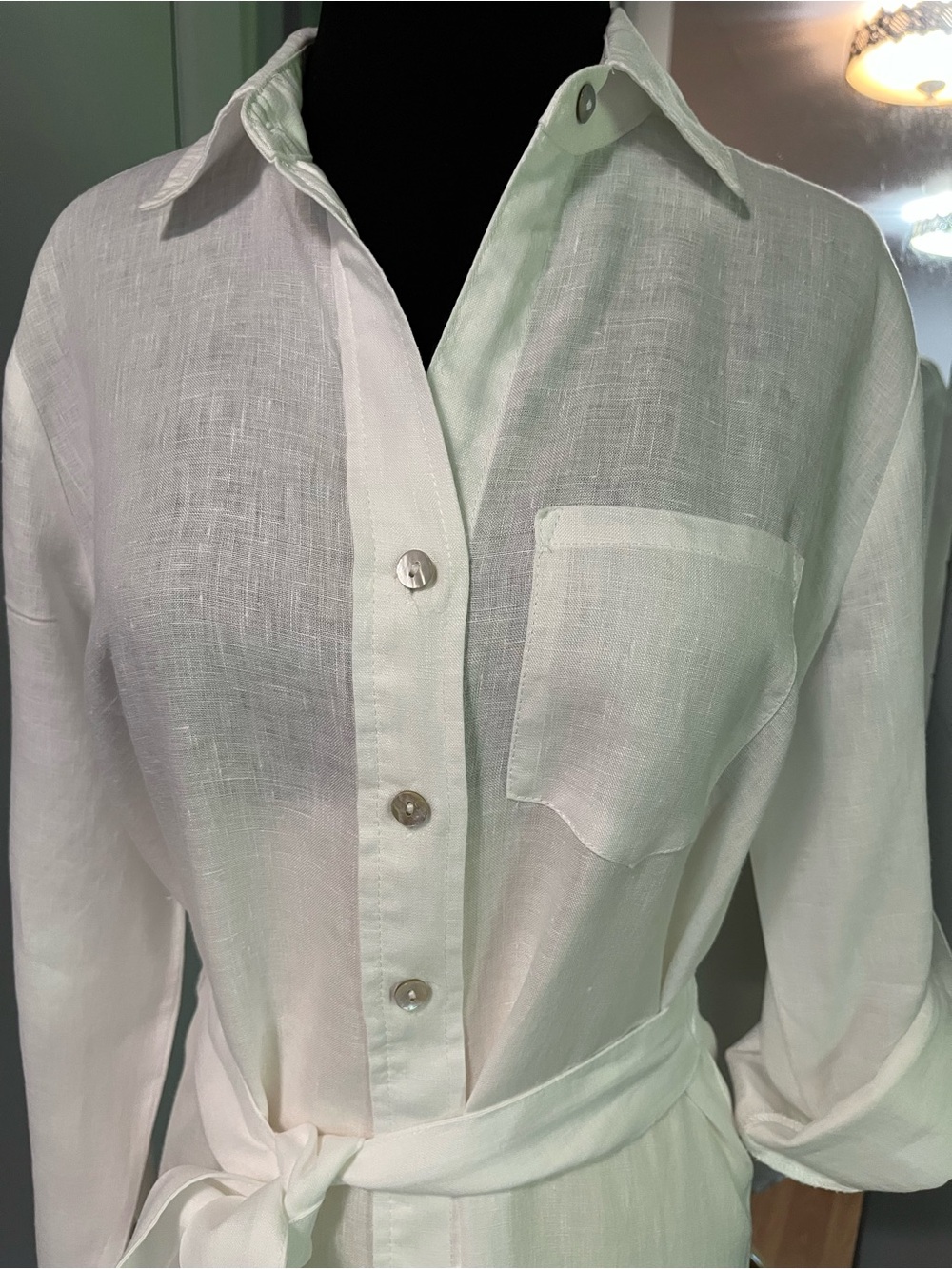 Magaschoni Crisp White Linen Shirt Dress with Tie Waist - Picture 3 of 7